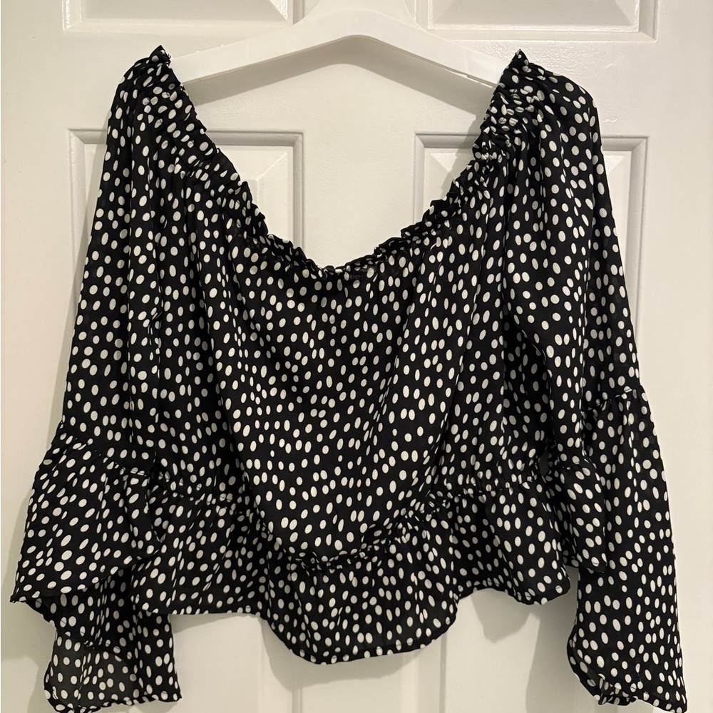Express M Black and White Polka Dot Off the Shoulder Blouse